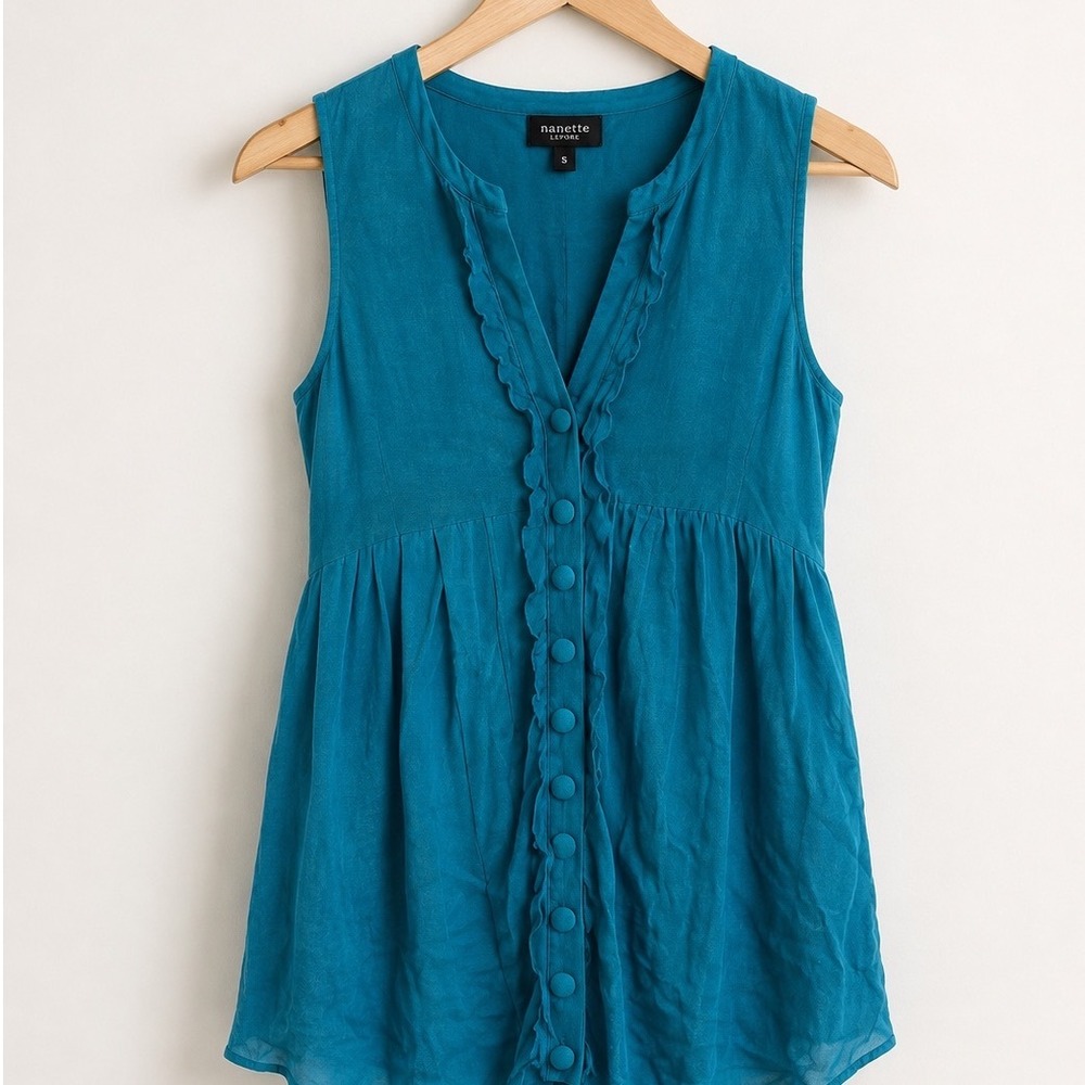 Nanette Lepore Silk Linen Ruffle Sleeveless Cardigan Top Teal Blue Small Boho